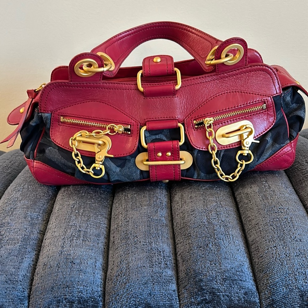Hype Handbag - Denim and Red Leather with Gold Hardware